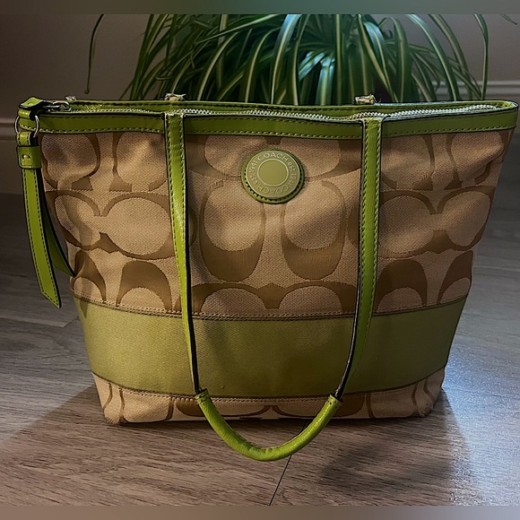 Coach Handbags - Coach Signature Khaki Lime Stripe Tote Bag